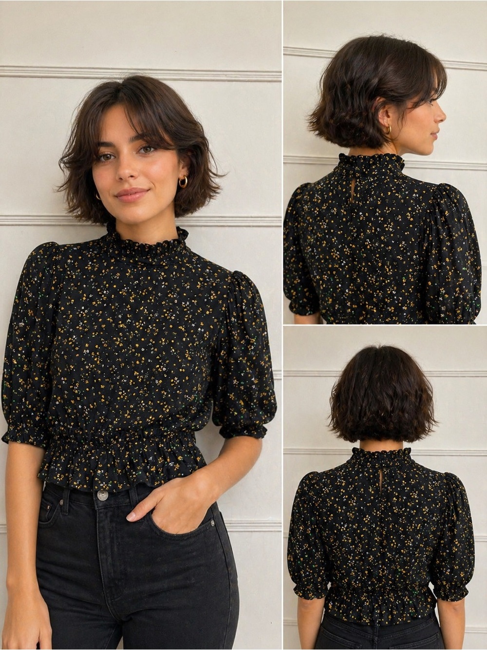 Ganni Black Floral Puff-Sleeve Smocked Waist Top